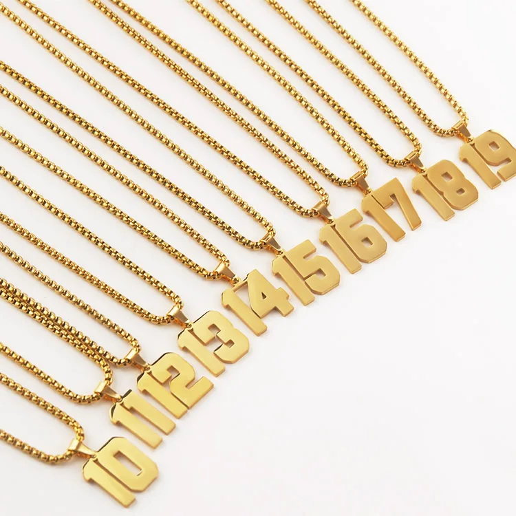 Personalized Necklaces 18K Gold Plated Initial Number Pendant Stainless Steel Chain Sports Necklaces for men women