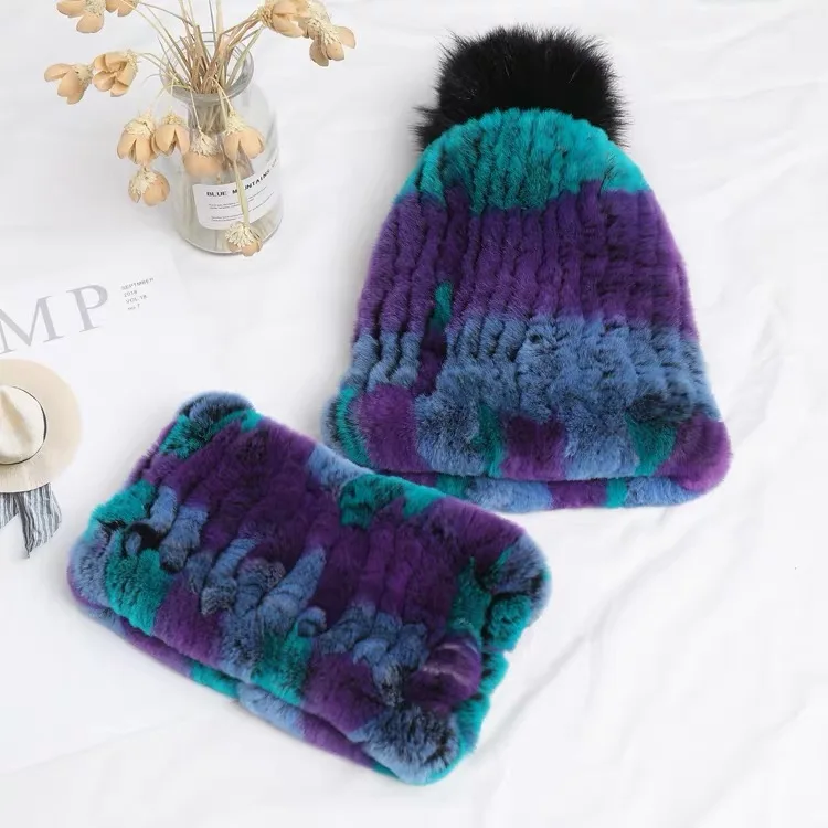 CX-SET-20U Wholesale Neck Warm Knitted Elastic Snood Scarf Real Rex Rabbit Fur Hat Women