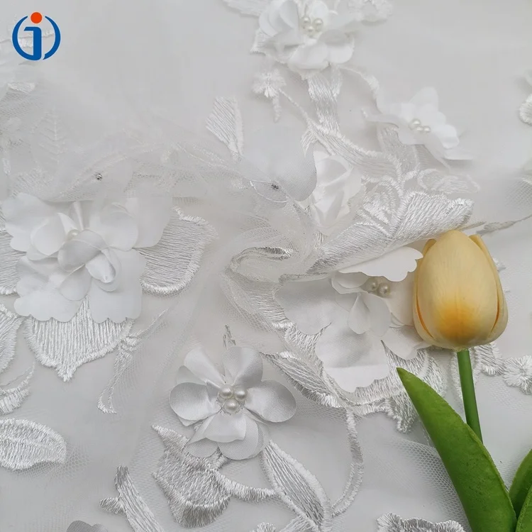 Luxury Polyester Textile White Pearl Hand Beaded Tulle Mesh 3D Flower Embroidered Fabric for Ladies Dress