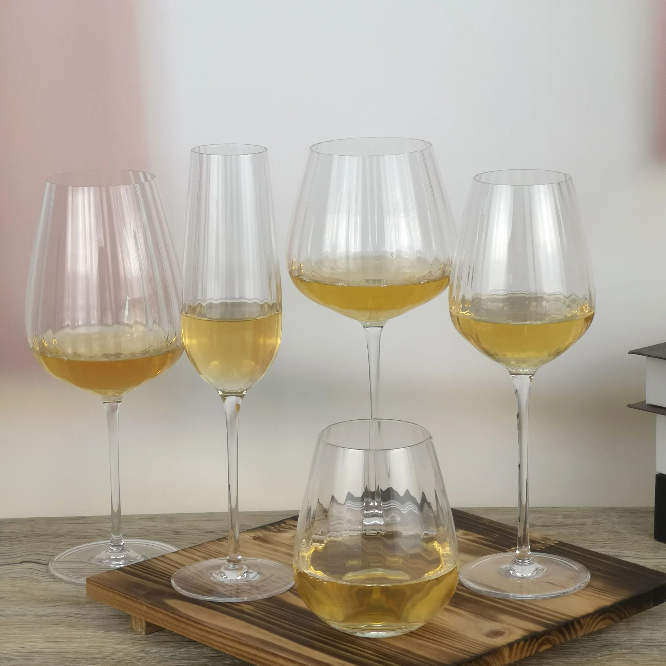 Wholesale American Style Waterfall Optic Crystal Ribbed Wine Glass Set 350ml Goblet Flute Champagne Glasses