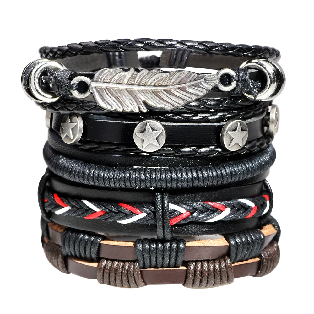 Wholesale  Custom DIY 6pcs Alloy Feather Leather Bracelet For Man