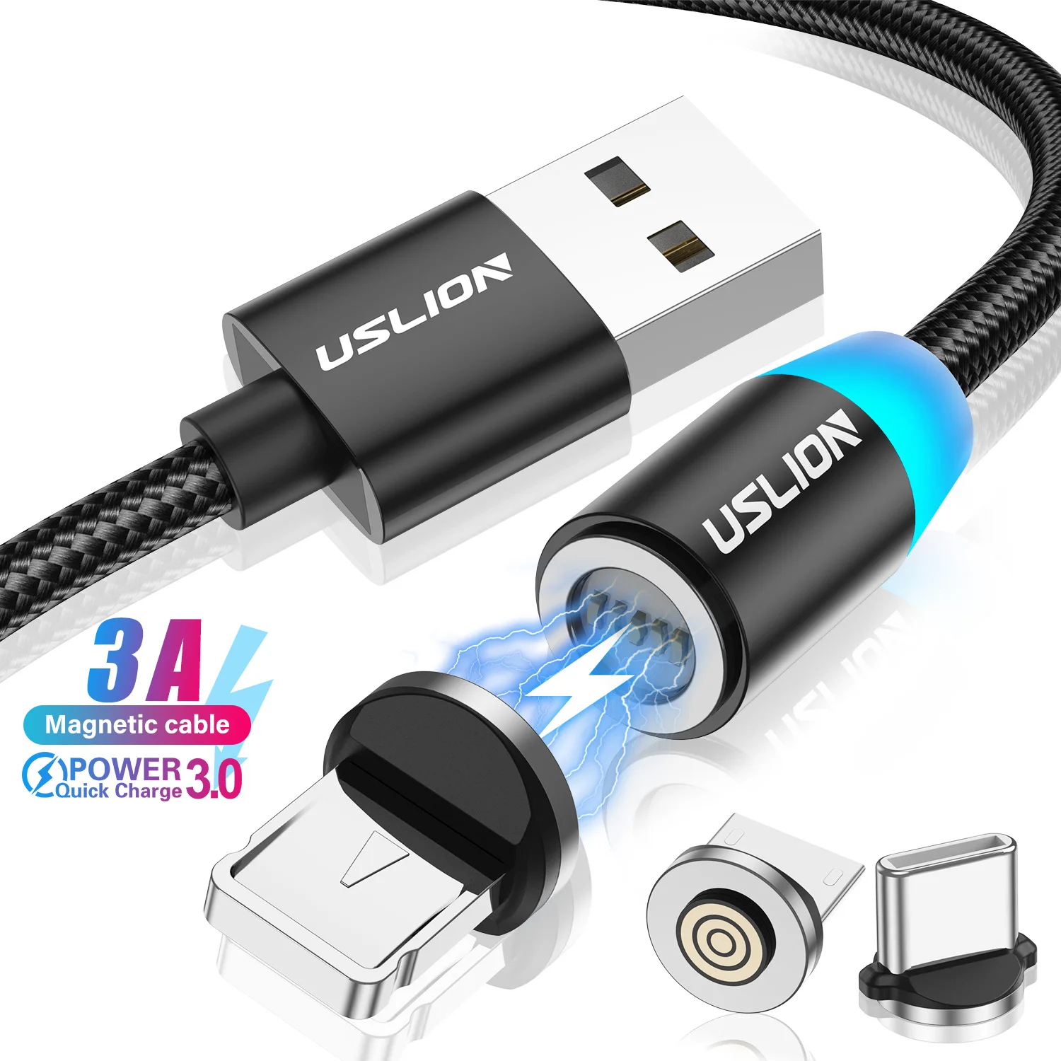 USLION 3 в 1 8-Pin Type C Micro 360 градусов светодиодный нейлоновый Плетеный Магнитный USB-кабель для быстрой зарядки Android