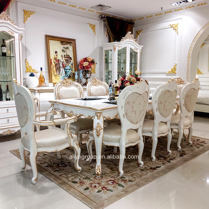 Ivory White Antique European Style  Hand Carved 8 Persons Rectangle Dining Table (60478057193)