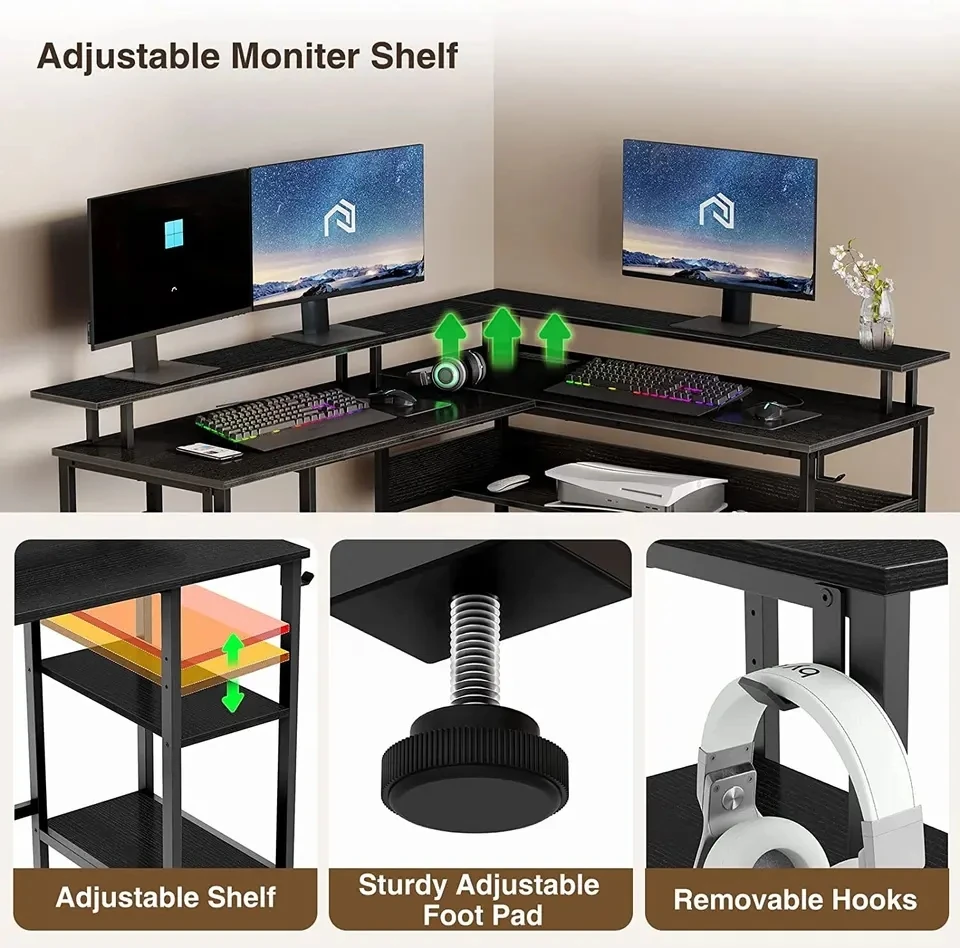 Computer Desk L Shaped with LED Strip & Power Outlets, Reversible L Shaped Computer pc desk