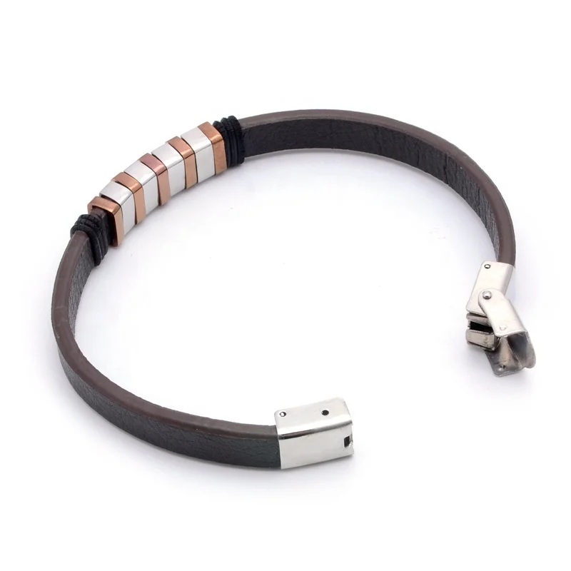 Stainless Steel Two Color Square Beads Black Leather Fret Men Bracelet 2020