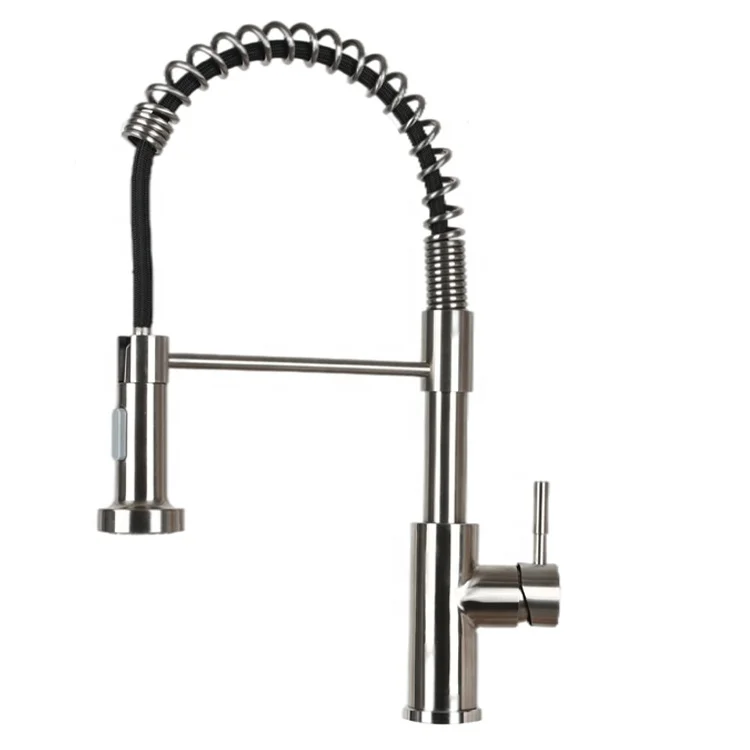 Pull Down Sprayer Spring Kitchen Faucet Brushed Nickel Stainless Steel 304 Single Lever Low Lead Commercial Kitchen Sink Faucet