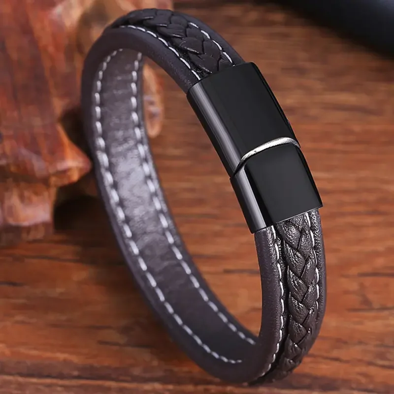 Luxury Hand-Woven Combination Stitching Stainless Steel Leather Bracelet Black Brown Genuine Leather Bangles Jewelry Gift OT-066