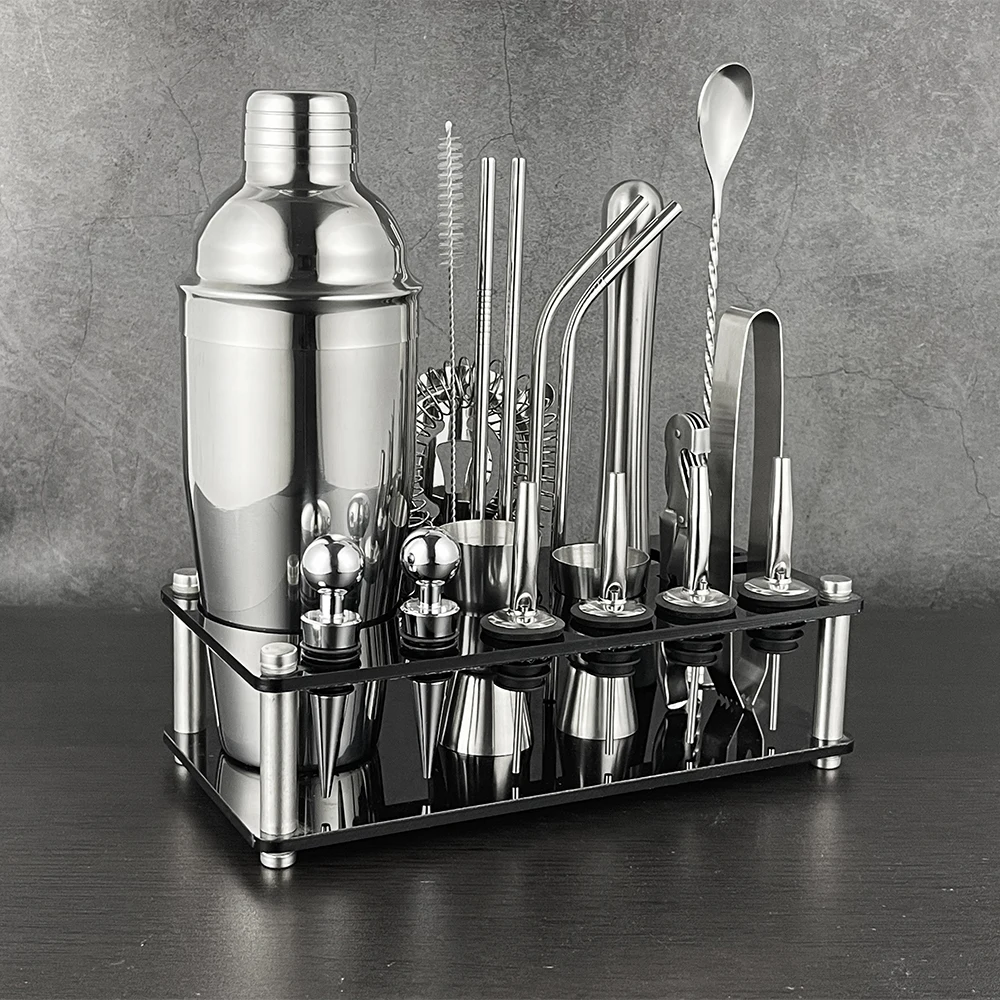 20 Pcs Black Box Cocktail Boston Shaker Set 304 Stainless Steel Bar Tools Kit With Acrylic Stand