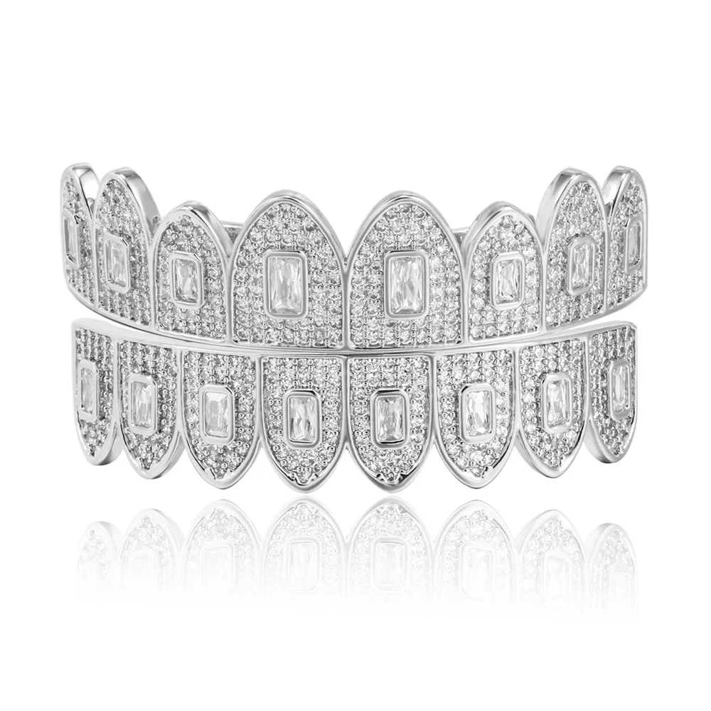 Wholesale 14K White Gold Plated Mouth Grillz Hip Hop Iced Cubic Zirconia Teeth Grillz Diamond Top&Bottom Grillz For Men