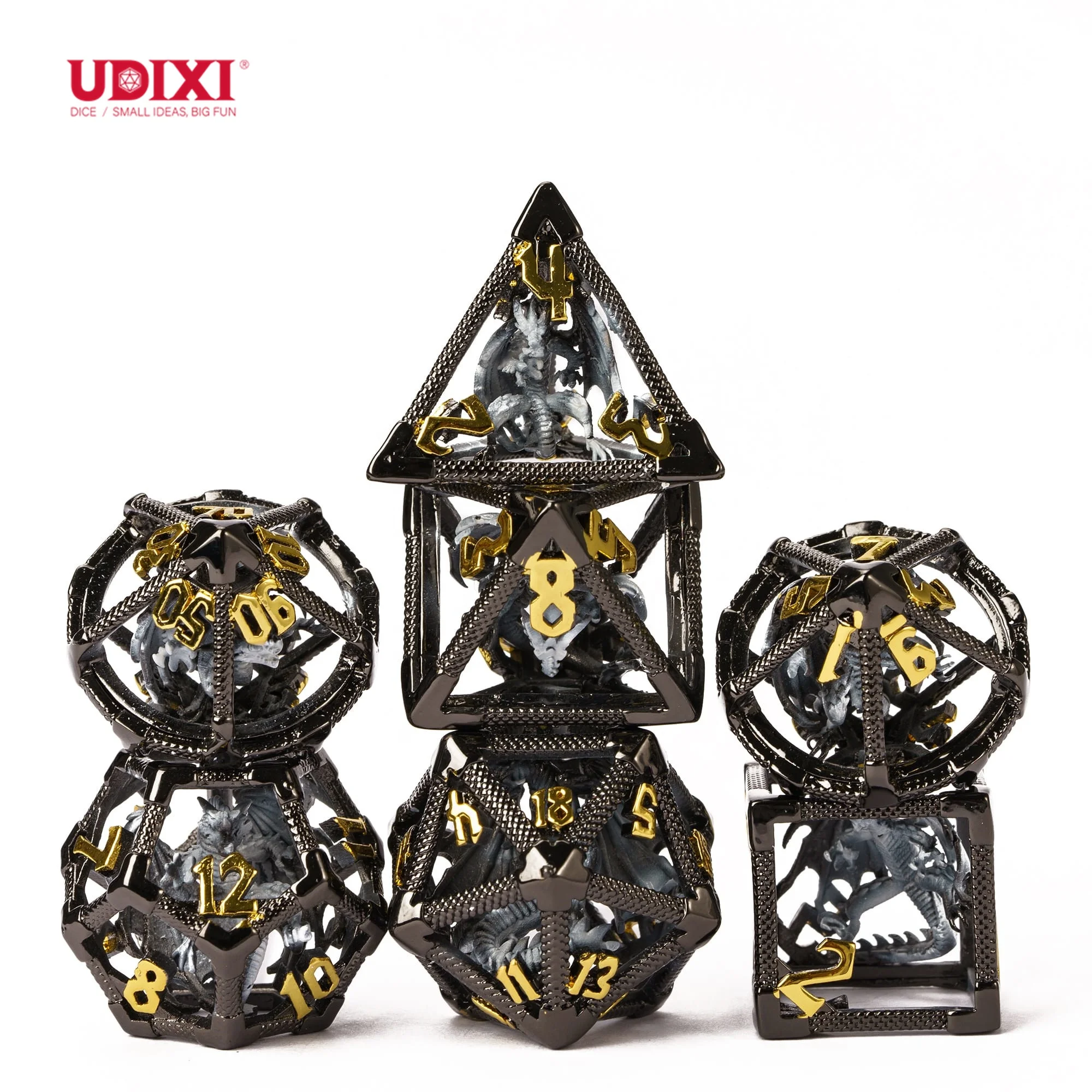 Udixi Polyhedral custom logo rpg dungeons and dragons hollow metal dice game cube set