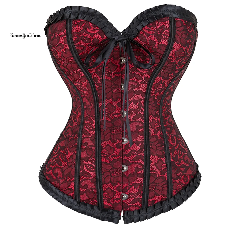 women floral black lace trim purple red corset XL XXL waist cincher bustier top
