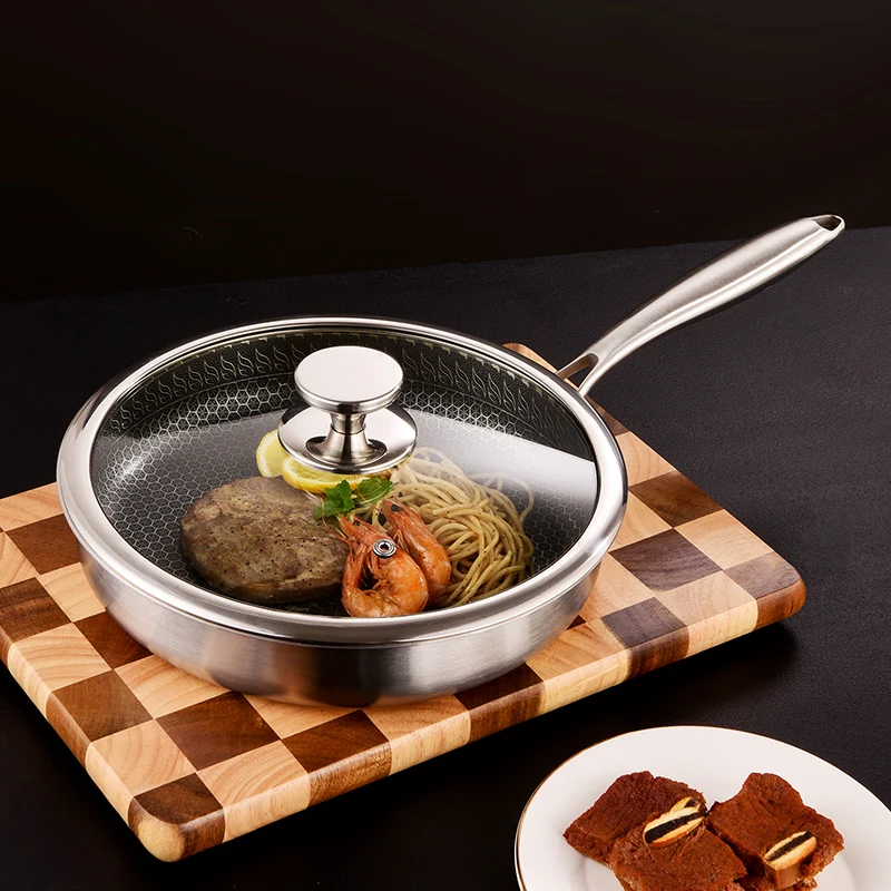 28CM Frying Pans 304 Stainless Steel Non-Stick Honeycomb Texture Cookware Set with Lid Pots Cooking kitchen item Ready to Ship