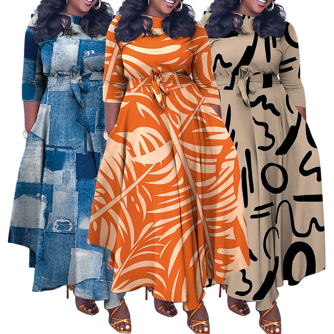 DG7964 Plus Size Maxi Long Dress Half Sleeved Printed A-line Casual Formal Office Party Dresses for Fat Women