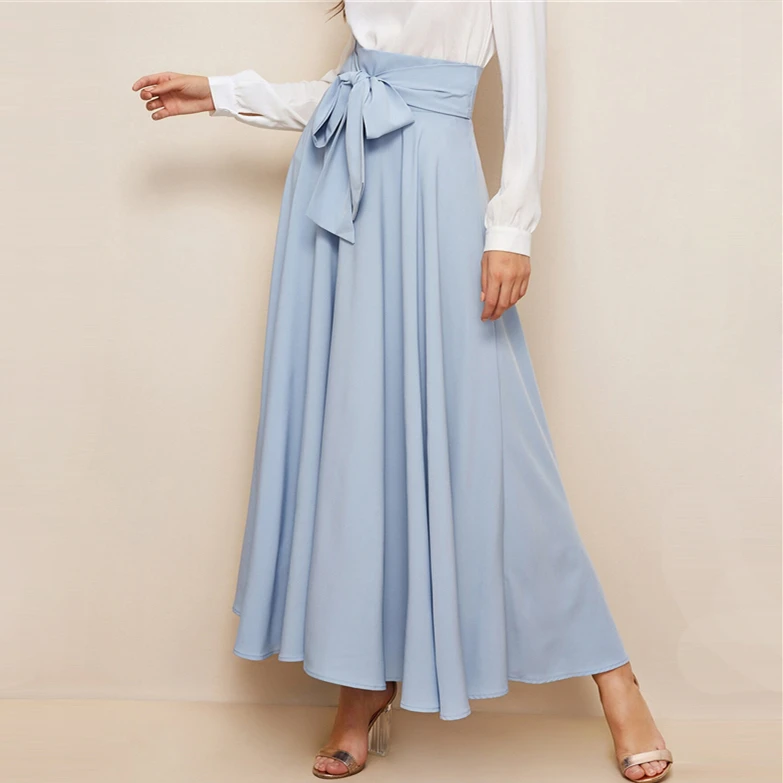 Women Elegant Bow Tie Flared Maxi Skirt Women High Waist Summer Solid Long A-line Skirt Summer Beach Long Skirt HSS6881