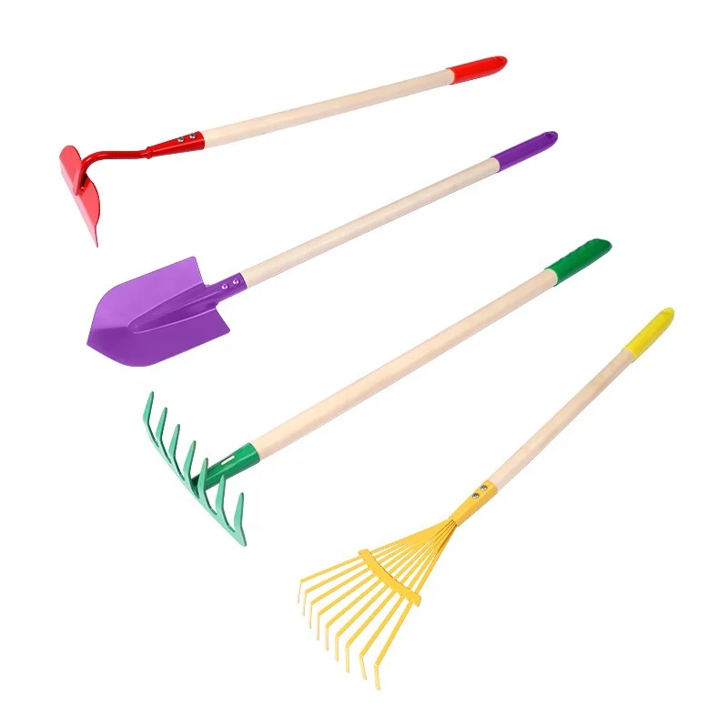 4pcs Kids Garden Tool Set - Multicolored Kids Gardening Tools Wooden Handle and Metal Head - Rake, Spade, Hoe, Leaf Rake for Kid