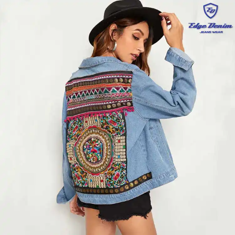 Wholesale cheap custom womens ripped embroidered back denim jacket