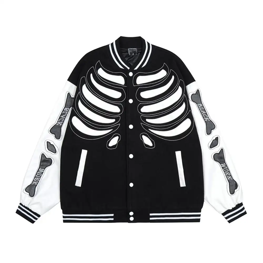 Customized thermal fleece lining leather baseball jacket stylish applique skeleton pattern stand collar man jacket