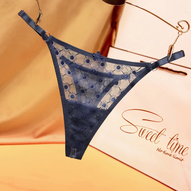 Sweet desire micro sexy floral jacquard thong female low waist breathable tulle adjustable strap ladies plus size panties