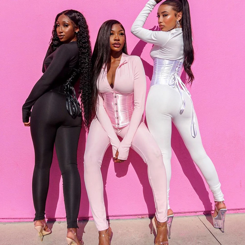 Sexy Street New Style Satin Eyelet Lace-up Corset Plain Fitted Long Sleeve White Black Pink V-Neck Party Night Club Jumpsuits