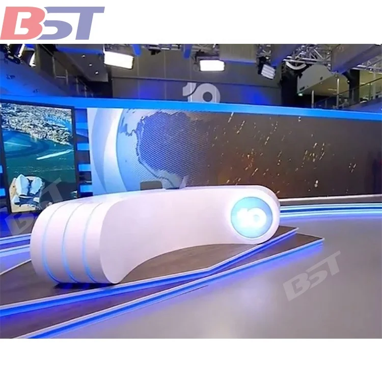 Customized White Arc Shape broadcast table of Radio TV Broadcasting Equipment  TV news desk