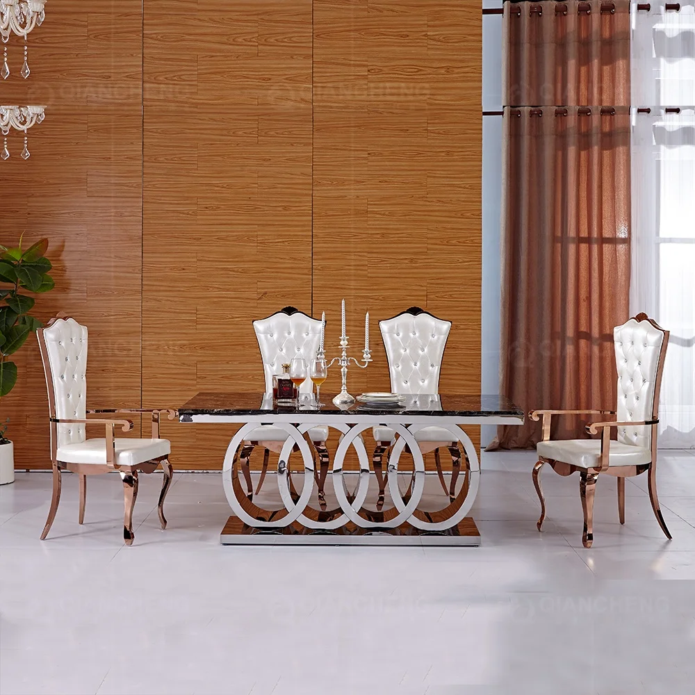 Wholesale foshan supplier furniture luxury modern big dianing table and 10 chairs set metal legs stainless steel dining table