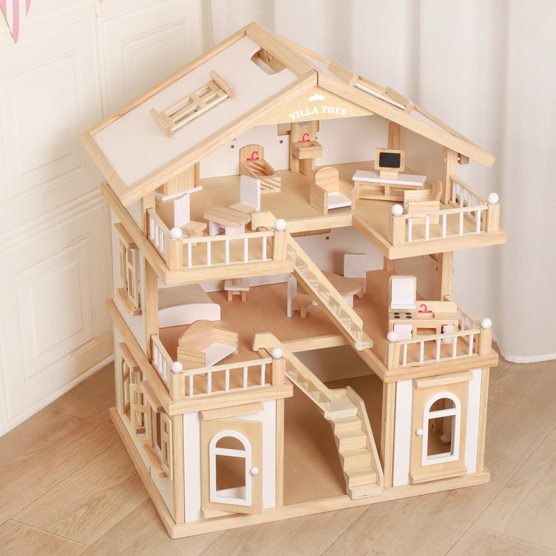 High Quality Amazon Hot Sale Pretend Toy Kids Wooden Doll Villa with Doll Room Furniture Doll House