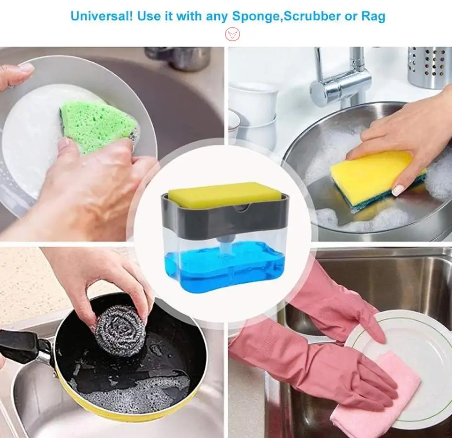 2021 Hot Selling Kitchen Sponge Holder Dishwashing Sponge Soap Dispenser for Kitchen Sink Dish Washing Soap Dispenser 13 Ounces
