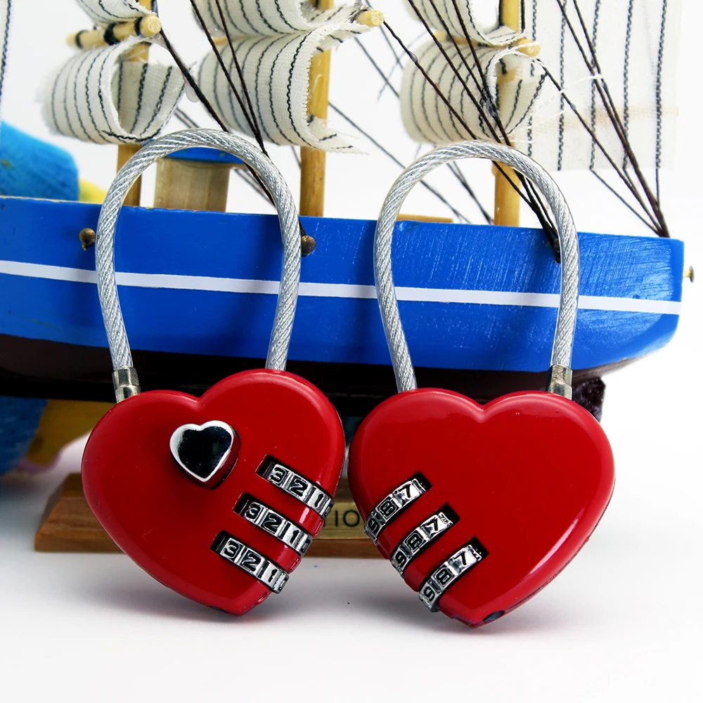Heart shape Love combination lock 3 digit cable luggage padlock for Valentines Wedding Promotional Gift