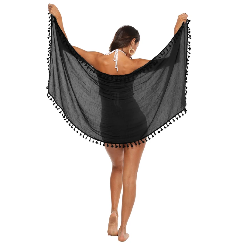 Swimsuit One-piece Sexy Pareo Dress Multi Wear Cover up Solid Color Tassel Trim Pareo Sarong Wrap Women Beach Sarongs