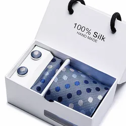 2.95inch(7.5 Cm) Width Plaid Blue Man Tie Handkerchief and Cufflinks Gift Box Packing Many Color