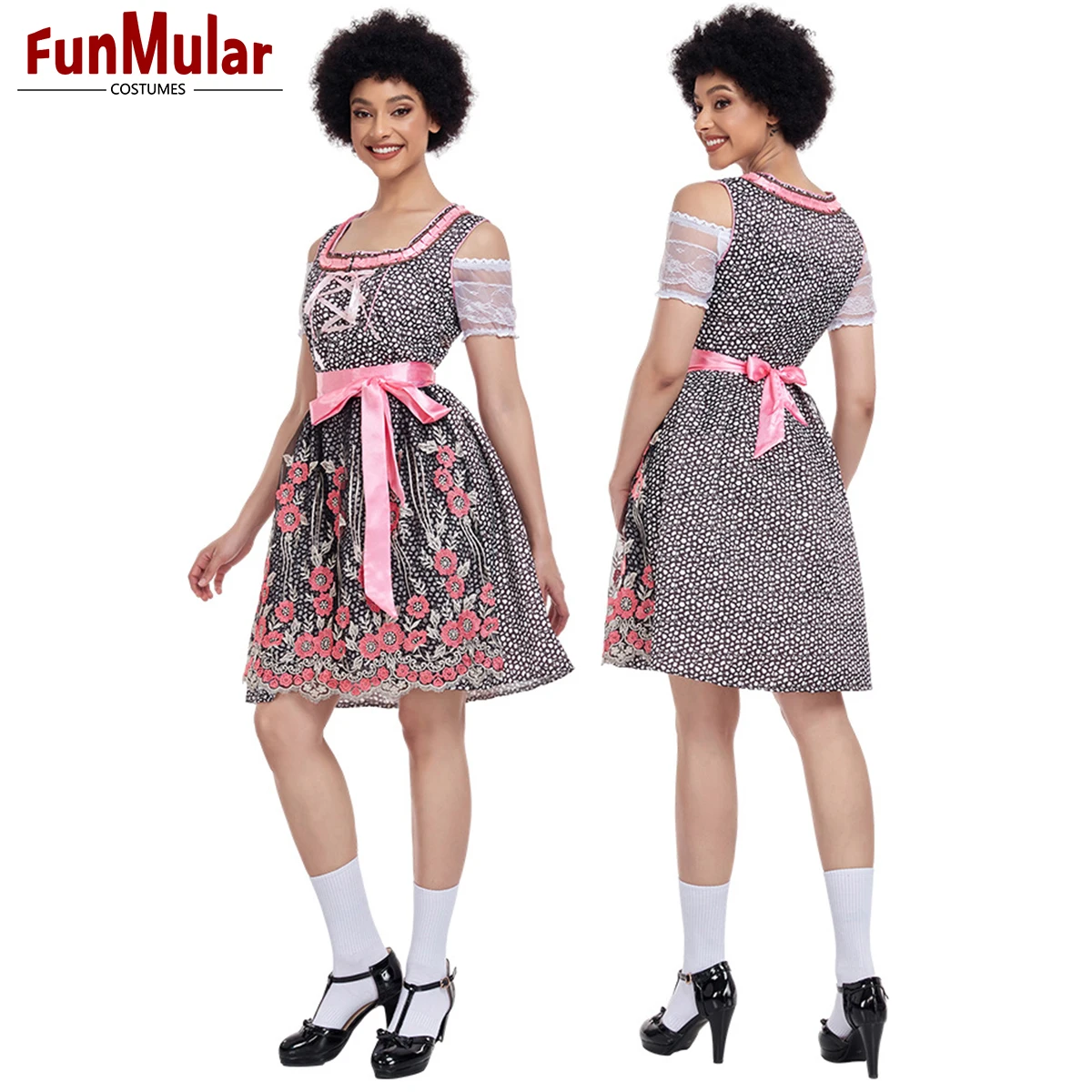 Funmular Dirndl Dresses Women Traditional German Oktoberfest Costumes Embroidery Floral Pattern Outfits