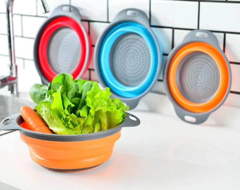 Multifuntion 2 foldable food grade round kitchen vegetable filter strainer bowl set silicone collapsible drain basket colander