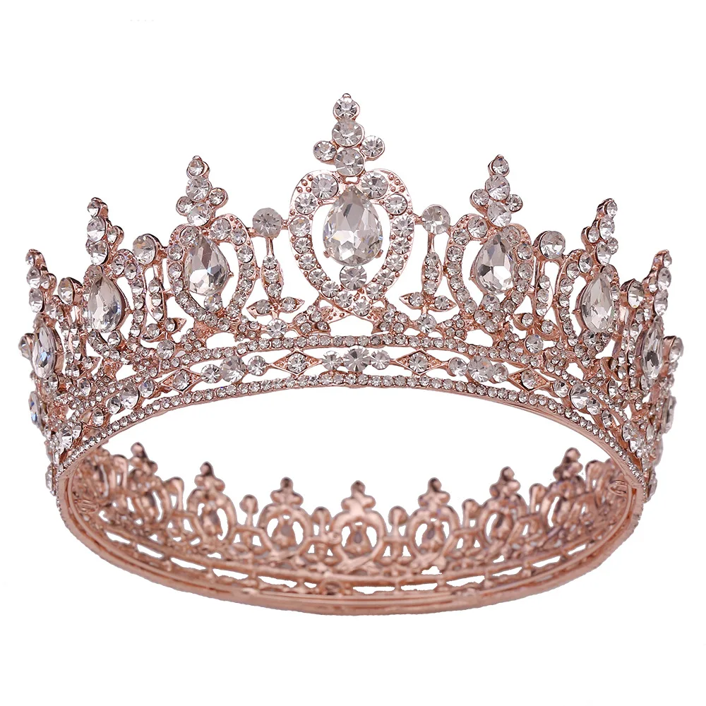 Rose Gold Crown For Women Crystal Queen Crown and Tiaras Girls Full Round Wedding