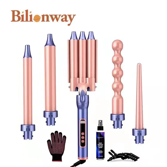 Triple three barrel long crimper spring portable curling wand iron stove rotating 5 in 1 rotataw hair curler set
