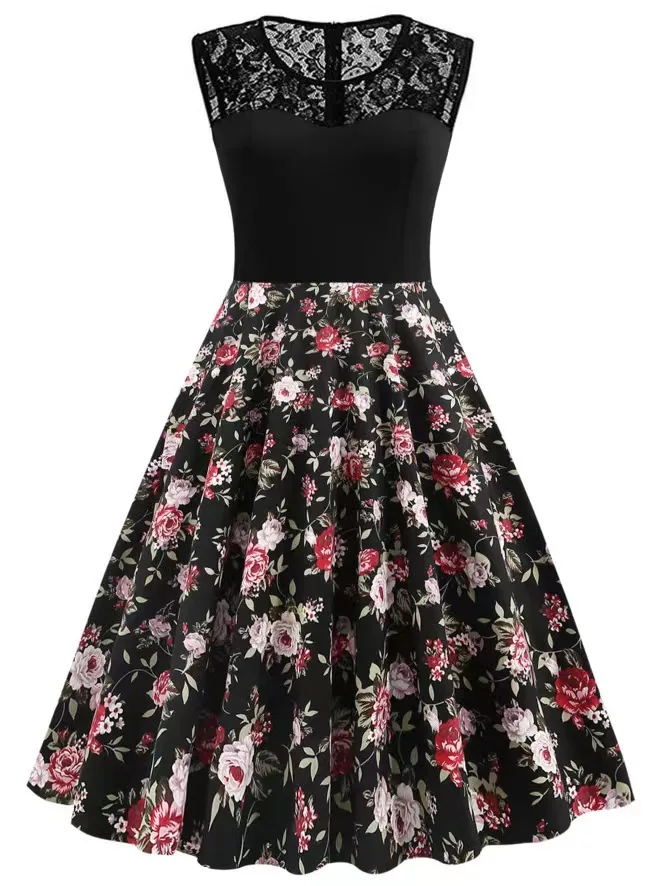 2023 fashion Lace sleeveless printed large size women retro dress