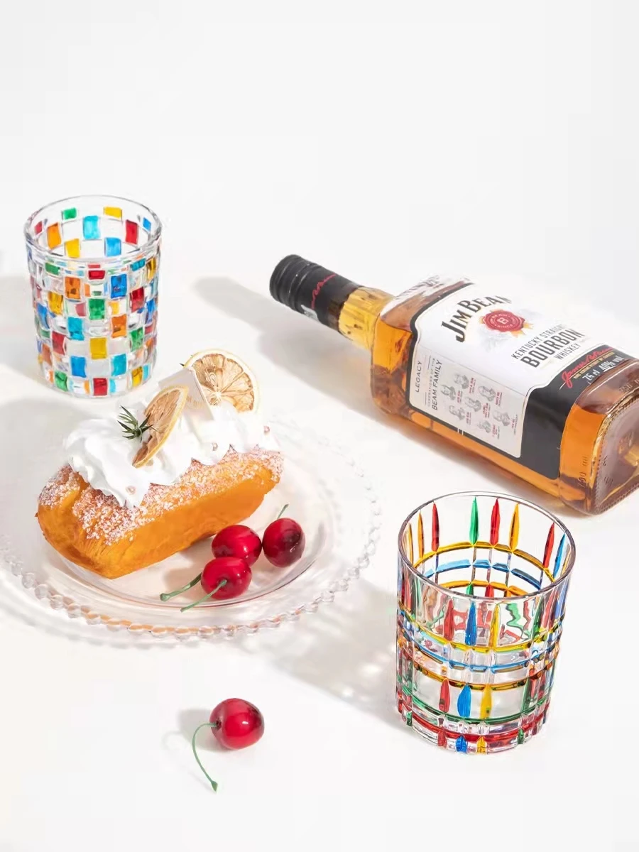 New popular Hand drawn Rock Glass Whiskey Glasses colorful Water Glass Cup Glassware for Whiskey Brandy Liquor Scotch