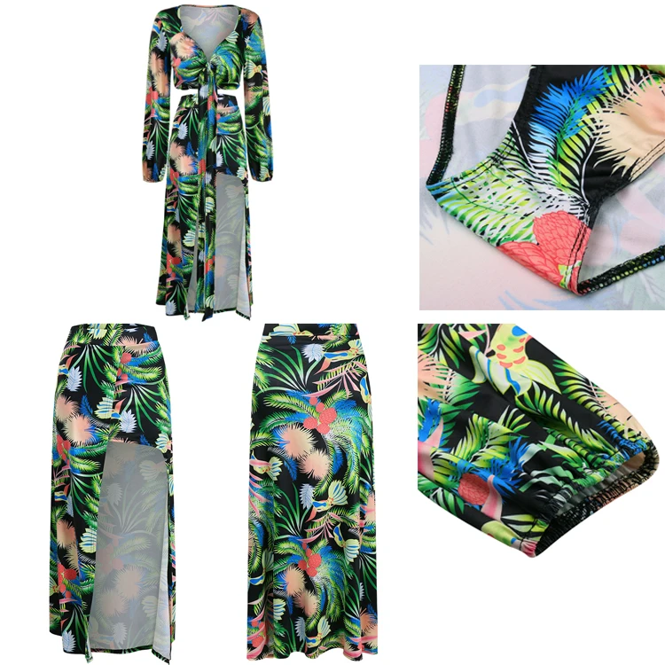 
2021 Hot Solid Color Sleeve V-Neck Print Big Swing Long Sleeve Swimwear & Beachwear Two Pieces Swimming Set Women Girls Bikini 