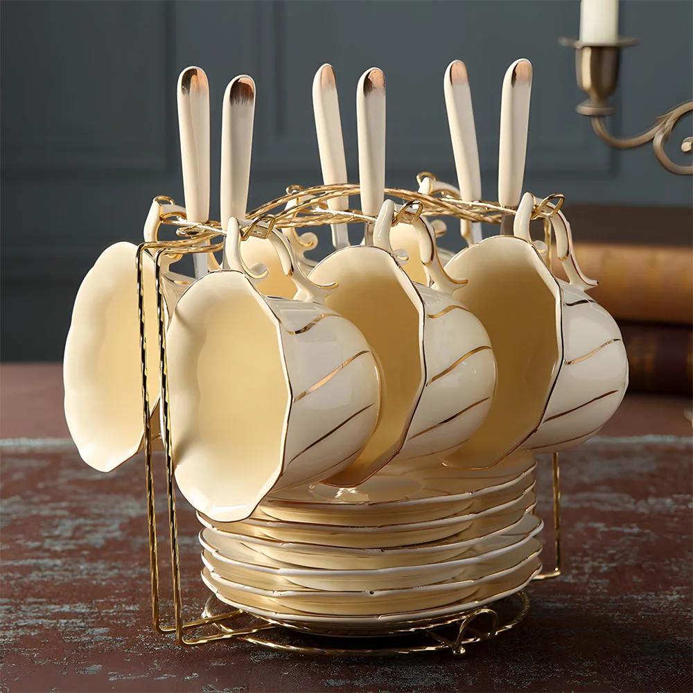 Wholesale Custom Nordic White Luxury Retro Flower Pattern Fine Bone China Light Weight Gold Line Eco-Friendly Ceramic Coffee Mug