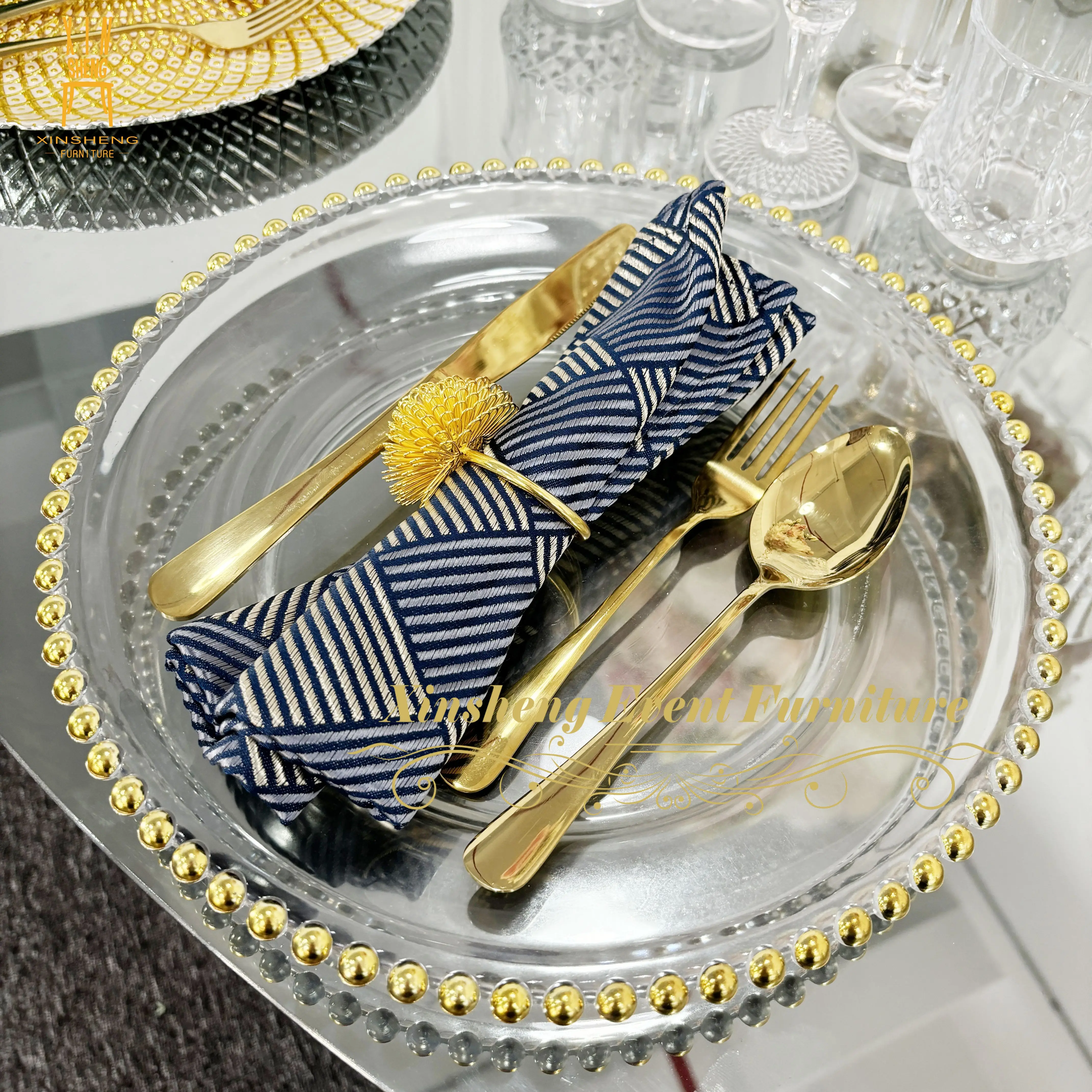 Factory Price Transparent Dinner Plate Glass With Gold Rim Beaded Party Events Banquet Wedding Tableware