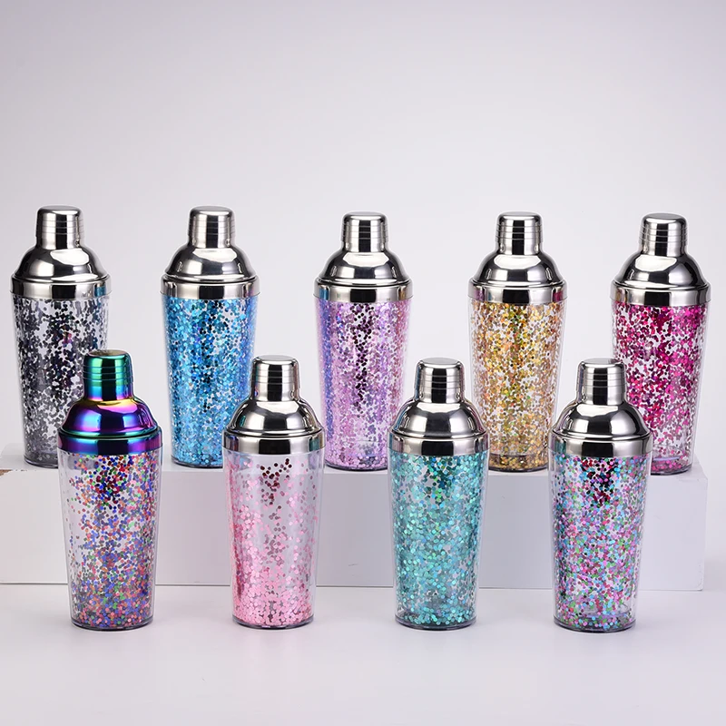 Double Wall Plastic Acrylic Shiny Tumbler MixerMartini Shaker Boston Mug Measuring Jigger Liquor Shot Cup Cocktail Shaker bottle
