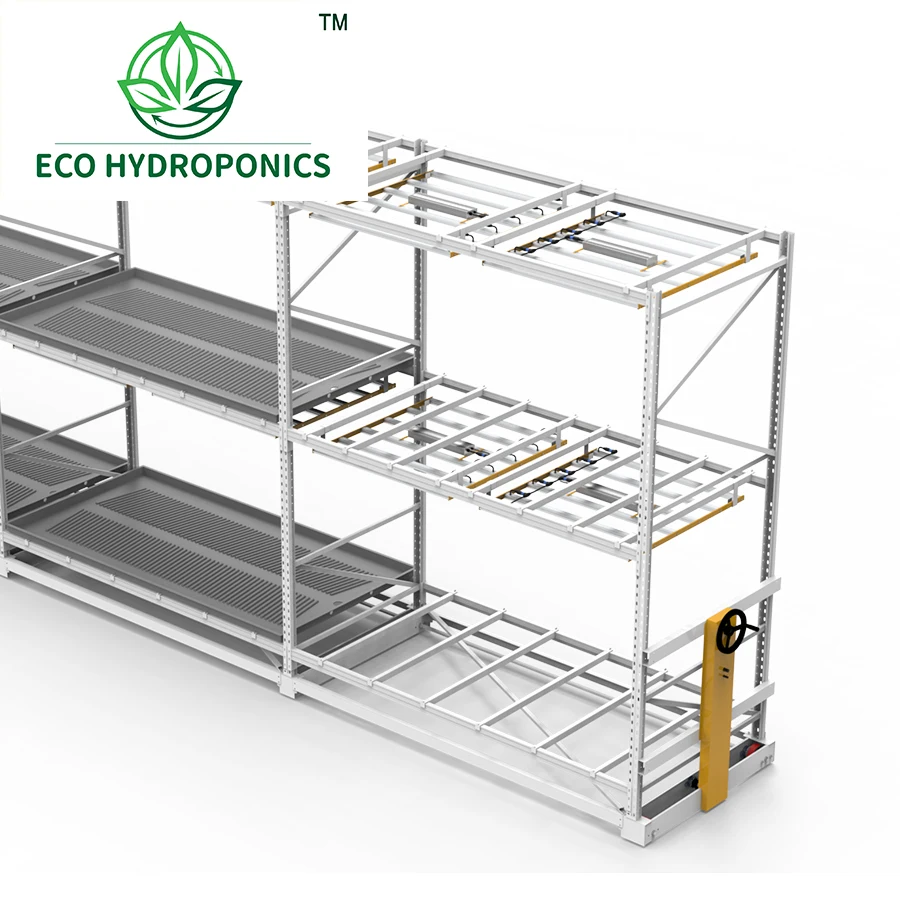 Movable multi level vertical ebb and flow rolling bench rack system with grow tray
