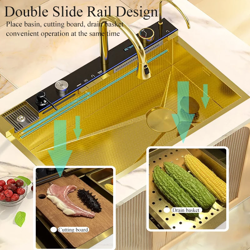 New Trend Golden Nano SUS 304 Automatic Cup Washer 4 Piano Digital Display Waterfall Faucet Kitchen Sinks