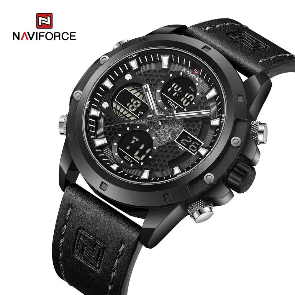 NAVIFORCE 9225 BGYB All Black Genuine Leather Big Dial Watches For Men Quartz Wrist Watch Small Three Needle Calendar Male Gift