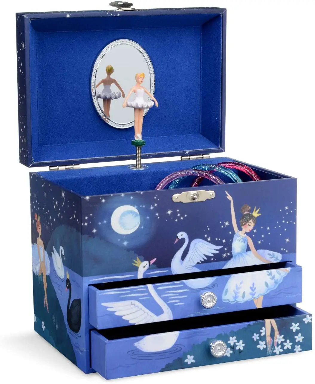 Children Blue Ballerina Musical Jewelry Box with 2 Pullout Drawers, Glitter Design, Swan Lake Tune