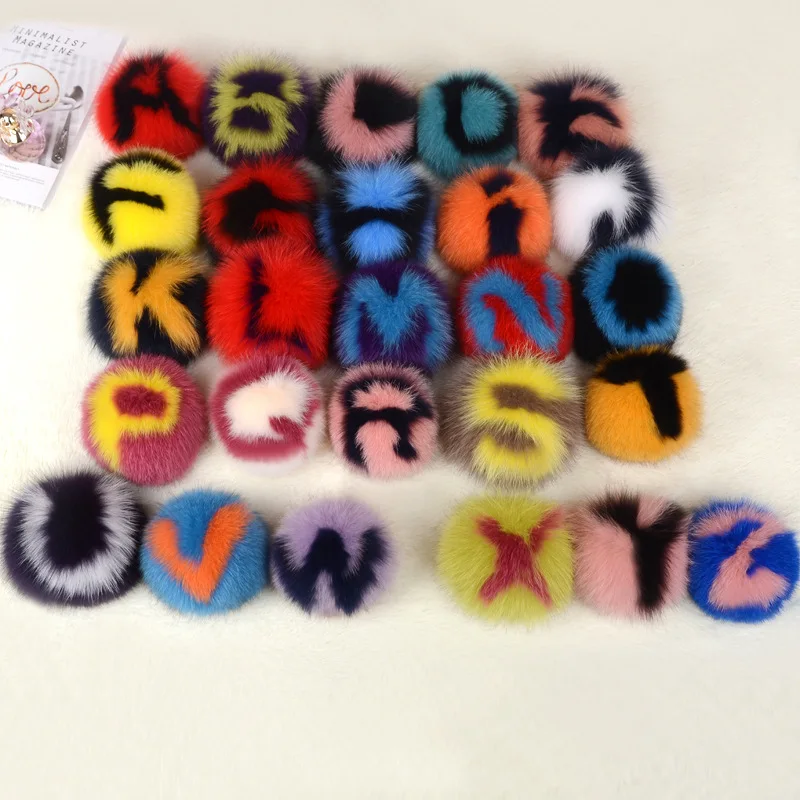 High Quality Fox Fur Ball Ring Pendant Colorful Letter Fox Fur Keychain