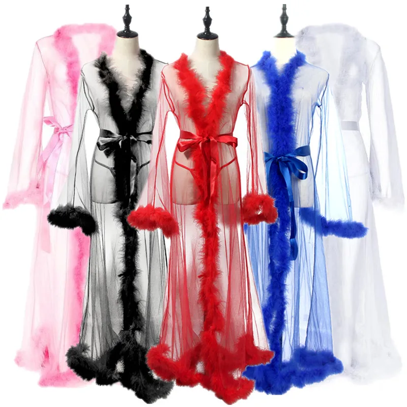 Hot Transparent Sexy Lingerie Kimono Valentines Sexy Mesh Fur Robe Sexy Lingeries With Robes For Women