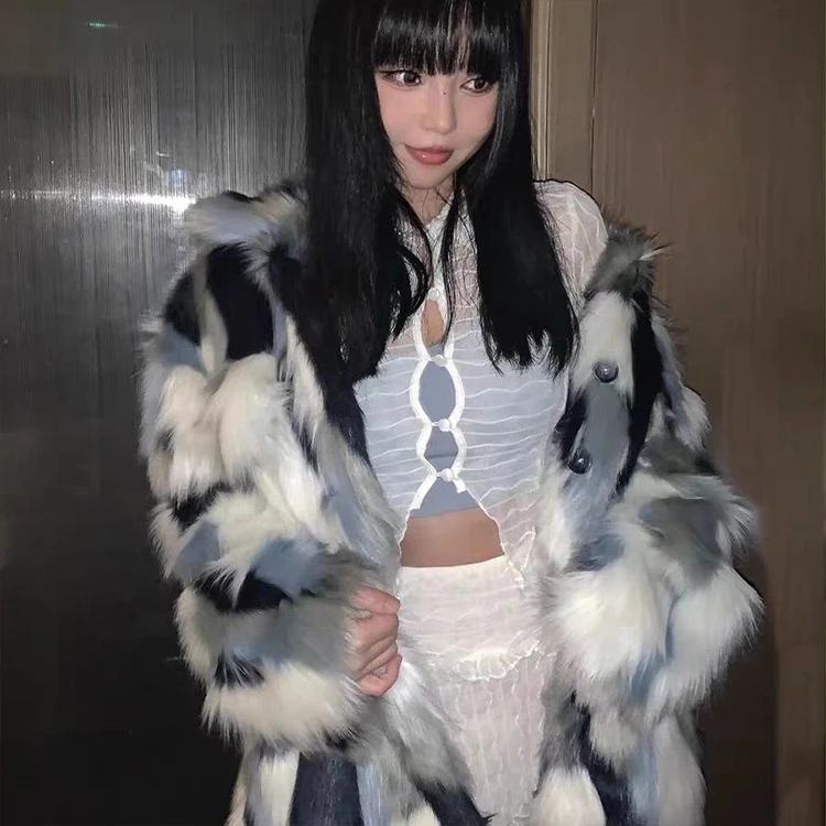 Warm Colorful Hot Sexy Stylish Faux Fox Fur Coat Fall Winter Long-Sleeved Plush Jacket Mixed Color Faux Fur Coat For Women