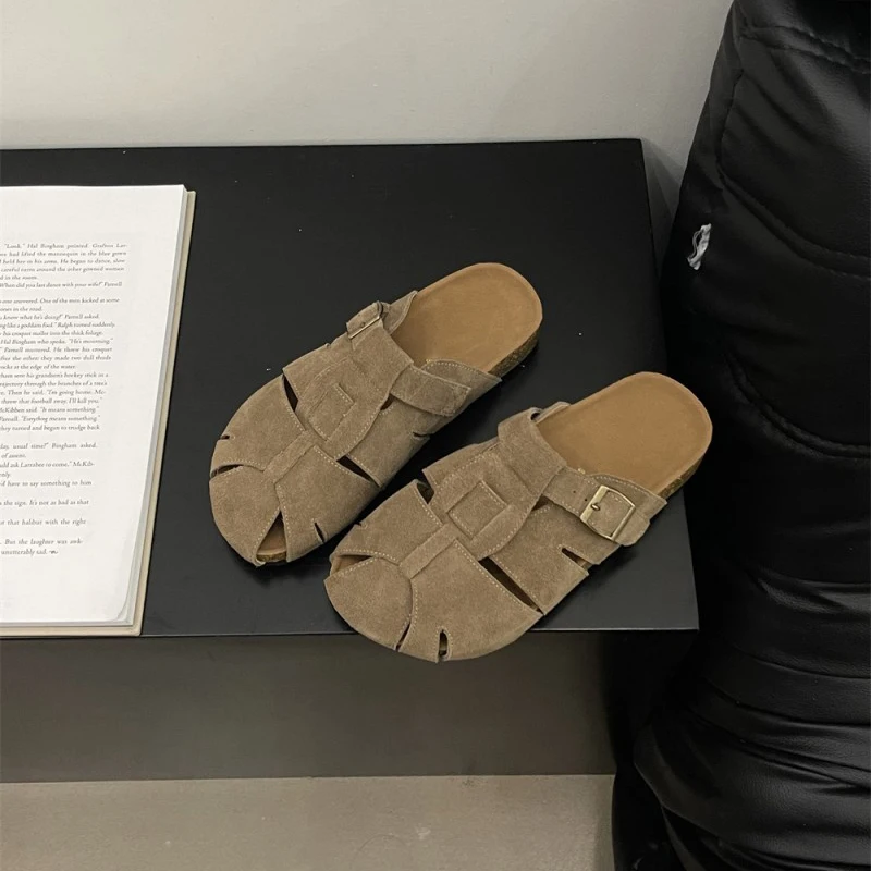 Custom New Design Women Unisex Fashion Cow Suede Closed Toe Clogs Sandals Beach Slides Cork Sole Slipper for Men Ladies