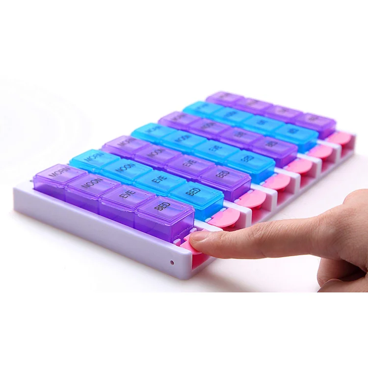 Hot sale BPA free 7 days & 4 times pill organizer weekly pill case 7 day medicine box colorful pill box