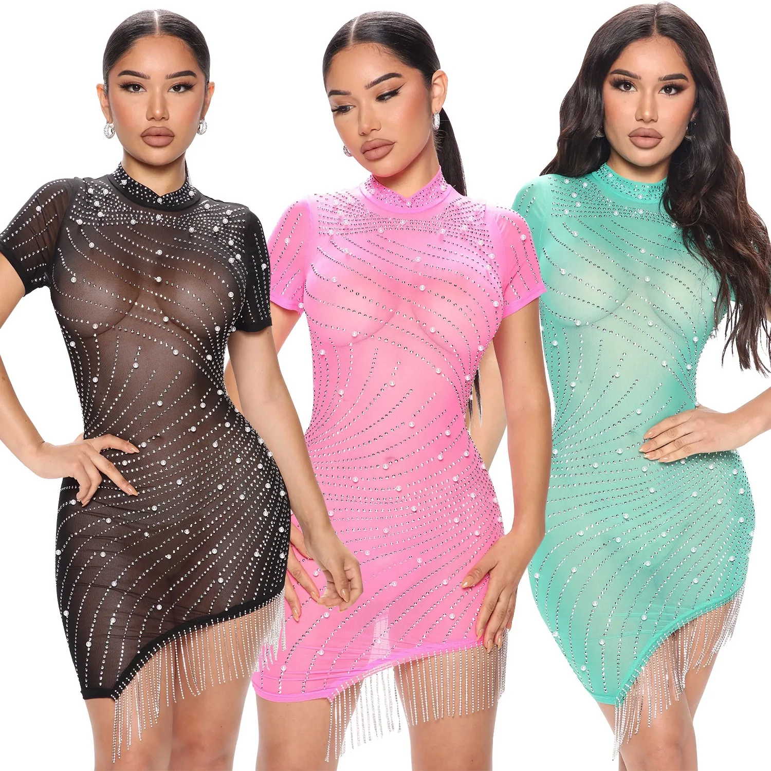 Pearl Rhinestone Mesh Sexy Dress Crystal Tassel Side Split Short Sleeve Elastic Bodycon Trend Birthday Party Shinny Club Dresses